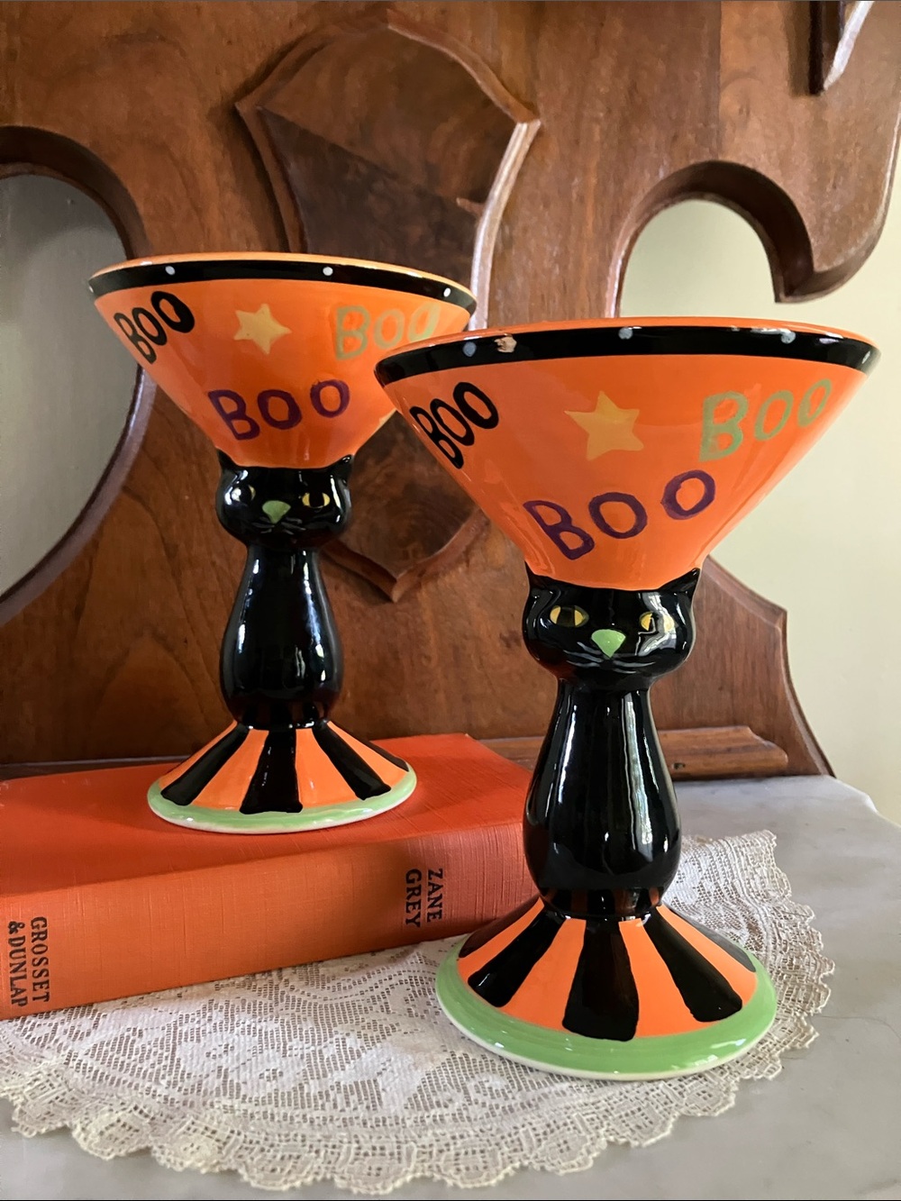 Pier 1 Orange & Black Cat Pedestal Martini Goblets or Candy Dishes